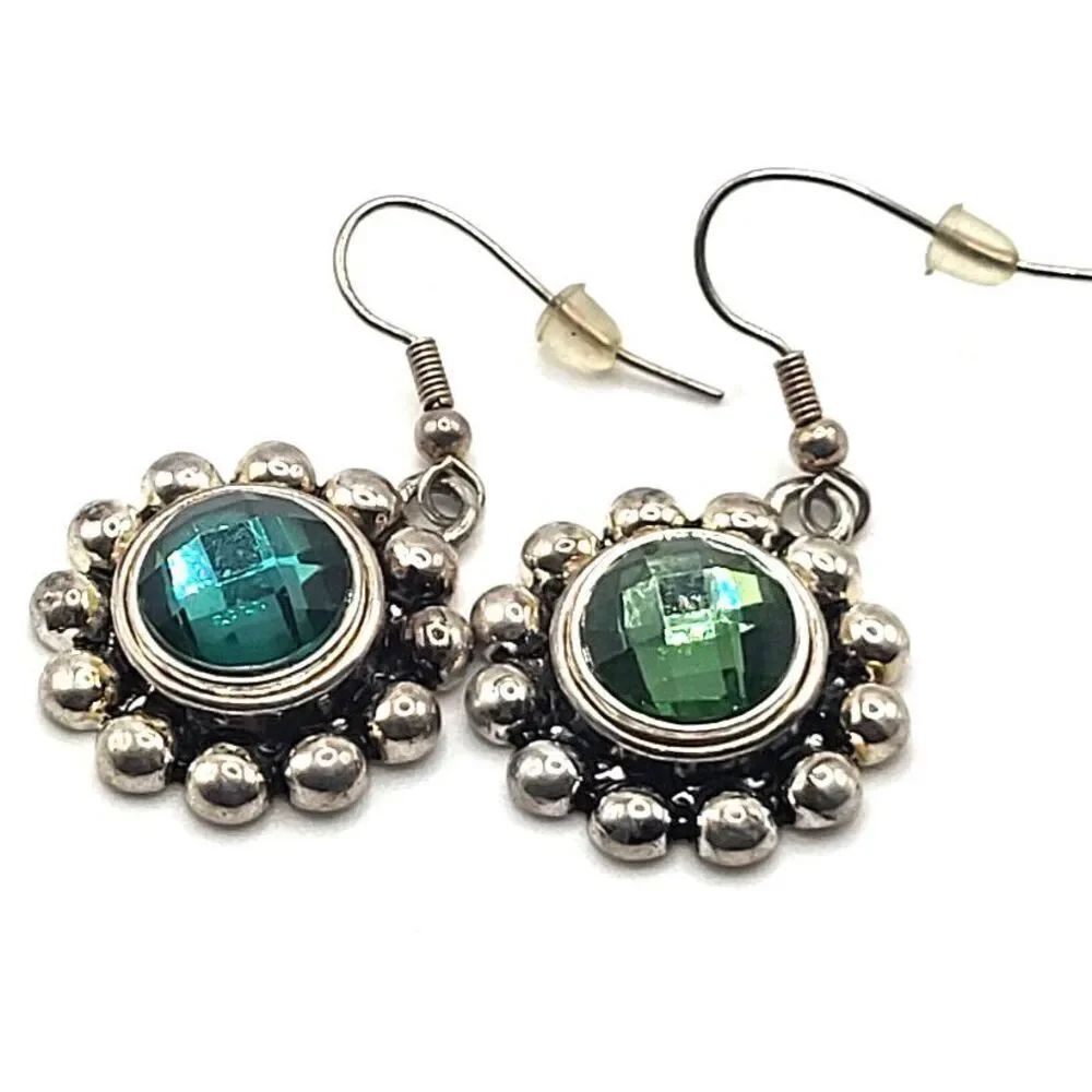 Circular Silver Glass Cabochon Earrings 1.5in